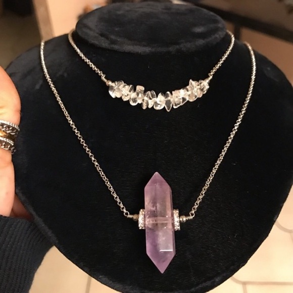 Double layer amethyst & crystal quartz necklace - Picture 2 of 8